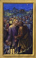 Judas betraying Jesus with a kiss, in the Grandes Heures of Anne of Brittany, between 1503 and 1508
