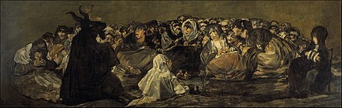 In an array of earthen colours, a black silhouetted horned figure to the left foreground presides over and addresses a tightly packed group of wide-eyed, intense, scary, elderly and unruly women