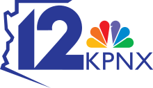 At left, a sans serif 12 partially encased in an outline of the state of Arizona. At right, the NBC peacock and the letters KPNX in a sans serif.