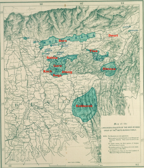 The Boro-Garo languages, as reported in the Language Survey of India 1903. The annotations are from Burling (2012) p22.
