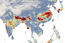 NASA Earth Observatory captured excessive rainfall during the month of July 2020 particularly in Assam (India) and other parts of South and East Asia. Dark red indicating amounts of 80 to 100 centimeters and above.