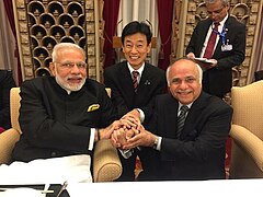 Ryuko Hira with Prime Minister of India - Narendra Modi and Minister of Economy, Trade, and Industry of Japan - Yasutoshi Nishimura
