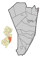 Location of Bay Head in Ocean County highlighted in red (right). Inset map: Location of Ocean County in New Jersey highlighted in orange (left).