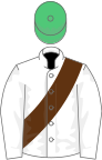 White, brown sash, emerald green cap