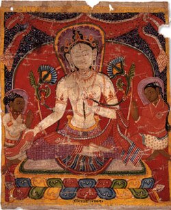 Painting of Khasa Buddhist King Ripu Malla and his son Sangrama worshiping the Goddess Tara (center) c. 1312