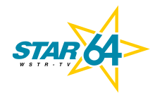 At left, the italicized blue lettering "STAR" next to the blue numeral 64 encased in five yellow points that outline a tilted star. The call sign W S T R - TV is displayed in black beneath the word STAR.
