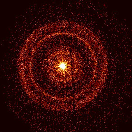 Swift's X-ray image of GRB 221009A shows circular rings around the gamma-ray burst. Dust in the Milky Way scattered the x-ray emission of the gamma-ray burst, creating the rings.[29]