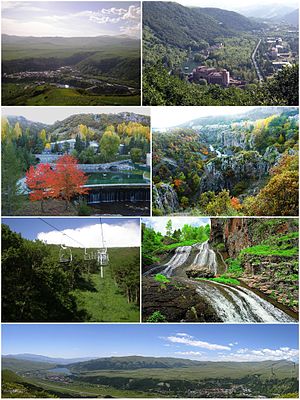 From top left: Jermuk skyline • Arpa River Spa resorts • Jermuk Forest Sanctuary Jermuk cableway • Jermuk Waterfall Panoramic view of Jermuk