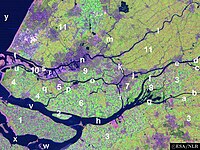 A satellite image of the Rhine–Meuse–Scheldt delta, showing the islands of South Holland