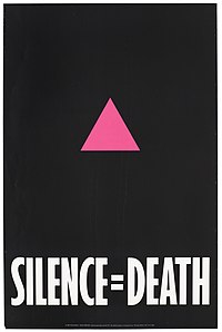 A pink triangle on a black background with the words SILENCE EQUALS DEATH overlayed.