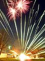 Photo of exploding artillery shell fireworks. Backyard fireworks in Denton, Texas, 60 second exposure