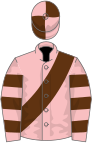 Pink, brown sash, hooped sleeves, quartered cap