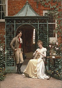 A Regency era man stands near a sitting woman, preparing to propose marriage