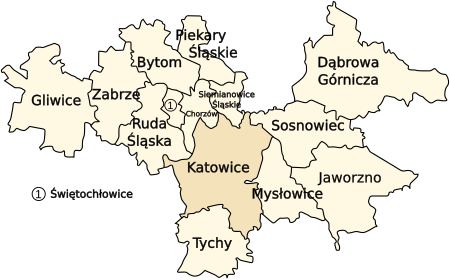 Map of the Metropolitan Association of Upper Silesia, with Katowice highlighted near its centre.