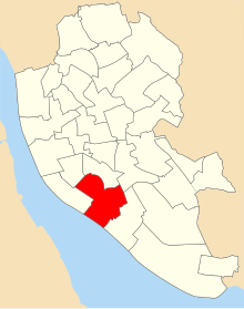 A map of the city of Liverpool showing 1980 council ward boundaries. Aigburth ward is highlighted