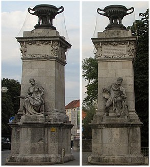 Two of Eberle's pylons for the Ludwigsbrücke, Munich