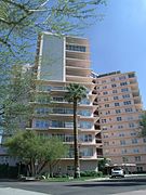 Front view of the Phoenix Towers. The towers were built in 1957 and are located at 2201 N. Central Ave. Phoenix Towers was built as a resident-owned cooperative community, Phoenix Towers is now considered an outstanding example of mid-century architecture and was listed in the National Register of Historic Places on January 2, 2008, reference #07001334.