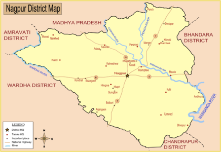 Map of Nagpur district with major towns (including Mouda) and rivers.