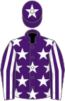 Purple, white stars, striped sleeves, white star on cap