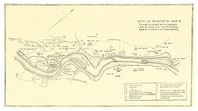 A hand-drawn map of a river with a walled town on the left