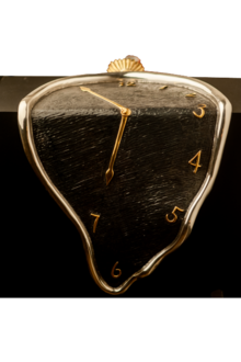 A silver melting clock with black background and golden clock hands.