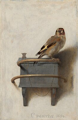 Painting of a goldfinch chained to a wall mounted perch