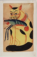 Cat with Vaishnavite mark on forehead stealing a crayfish, perhaps a representation of a Bengali satire or proverb on religion.