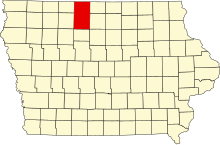 Map of Iowa highlighting Kossuth County. (See its size.)