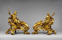 Pair of French Rococo andirons; circa 1750; gilt bronze; dimensions of the first: 52.7 × 48.3 × 26.7 cm, of the second: 45.1 × 49.1 × 24.8 cm; Metropolitan Museum of Art (New York City)