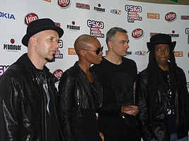 Skunk Anansie at the Eska Music Awards in 2011 (L-R Ace, Skin, Mark Richardson, Cass)