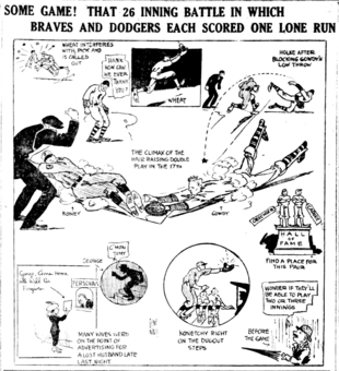 Newspaper cartoon depicting significant moments from the game. 1. A player runs into another ("Wheat interferes with Pick and is called out"). 2. Wheat catching a fly ball. 3. A player falling down while throwing a ball past another player running towards him while an umpire watches ("Houke after blocking Gowdy's low throw"). 4. A large image of a play at home plate ("The climax of the hair raising double play in the 17th"). Gowdy is stretched out in the dirt reaching with the ball in an outstretched hand to tag Koney (Konetchy) who is sliding foot-first into the plate. An umpire signals "out" while another player looks on and says "Hank how can we ever thank you?" 5. Statues of Oeschger and Cadore on a pedestal labeled "Hall of Fame" ("Find a place for this pair"). 6. A man in a bowler hat holding an umbrella. It is raining. The man says, "Wonder if they'll be able to play two or three innings". 7. A player reaching out to catch a fly ball while two seated players watch ("Konetchy right on the dugout steps"). 8. A woman placing a personal ad, "George, come home, all will be forgiven". An insert shows George sitting on bleacher seats in the dark saying "C'Mon Tony" ("Many wives were on the point of advertising for a lost husband late last night"
