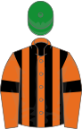 Orange and black stripes, orange sleeves, black armlets, green cap