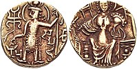 Local coin minted in the Punjab area with the name "Samudra" ( Sa-mu-dra, under the king's left arm), presumably Samudragupta, immediately followed those of Kipunada.[6][5]