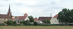 General view of Schlieben with the bell tower of historic St Martins Church