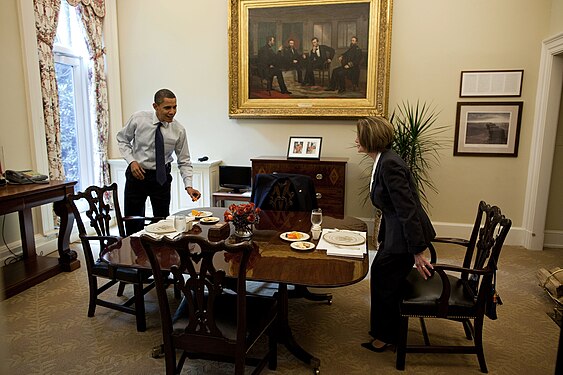 Painting in its current location within the Oval Office Dining Room. Pictured here are President Barack Obama and Speaker Nancy Pelosi