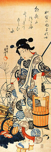 A scroll showing a woman standing beside a well