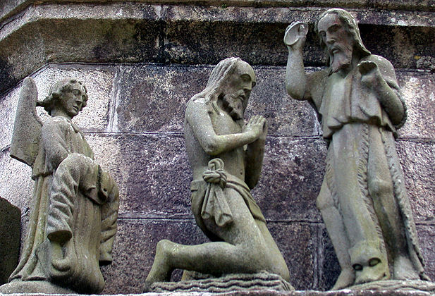 Jesus being baptized by John the Baptist who is wearing an animal skin. The animal's head is at John the Baptist's feet. An angel kneels on the left side of the scene. She is holding Jesus' robe.