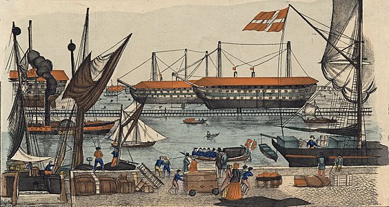 The hulks of the "Dronning Marie" and "Valdemar" used as prison ships in the harbor of Copenhagen after the battle of Bov 1848.