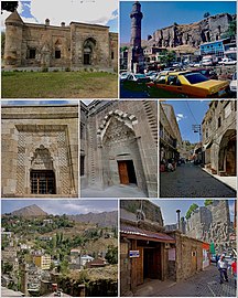 From top left: Ihasiye Serafhan Medrese • Bitlis Castle Tourist office • Şerefiye Mosque • Sokak Han Bitlis skyline • Pasha Hammam