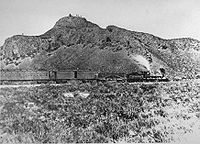 The Jupiter leads the train that carried the spike, Leland Stanford, one of the "Big Four" owners of the Central Pacific Railroad, and other railway officials to the Golden Spike Ceremony.