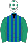 Emerald green and royal blue stripes, emerald green sleeves, white cap, emerald green spots