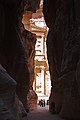 The first glimpse of Petra's Treasury upon exiting the Siq