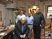 High Note Records office in New York City, June 2014. Standing, l-r: Barney Fields, Joe Fields, trumpeter David Weiss. Seated: Producer Todd Barkan.