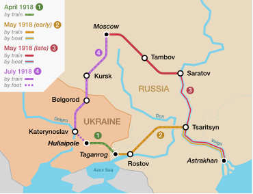 Map of Eastern Ukraine and Southern Russia, featuring the cities that Makhno travelled through on his way to Moscow and back to Huliaipole