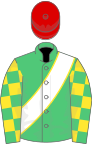 Emerald green, white sash with yellow piping, emerald green and yellow check sleeves, red cap