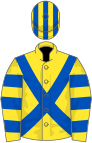 Yellow, royal blue cross belts, hooped sleeves, striped cap