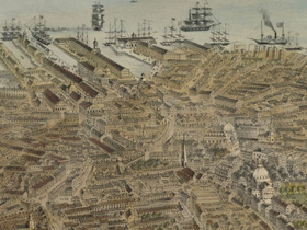 Detail of 1870 overview of Boston, showing Custom House, and State Street Block at waterfront
