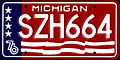 Special Michigan license plate design issued in honor of the bicentennial. Plates of this design were standard issue for all passenger cars registered in Michigan receiving new plates in 1976.