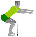 This man is doing a body weight squat. There are no added weights to his body, allowing him to warm up his legs properly. This is a great way to induce "creep" in the cartilage and muscles to prepare for intense exercise.