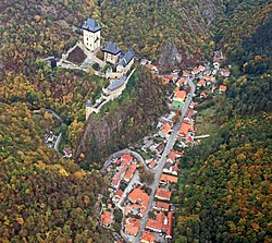Aerial view of Karlštejn with the castle